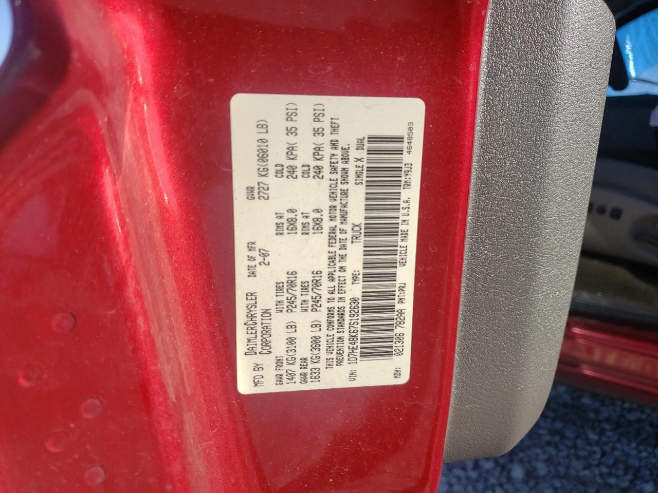 Photo 10 from auction – 2007 DODGE DAKOTA QUA with VIN 1D7HE48K67S192630