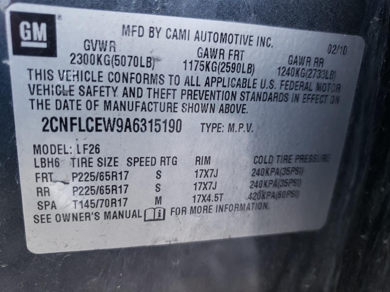 Photo 10 from auction – 2010 CHEVROLET EQUINOX LS with VIN 2CNFLCEW9A6315190