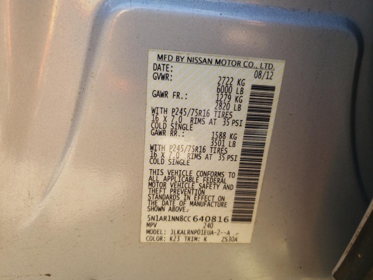 Photo 10 from auction – 2012 NISSAN PATHFINDER with VIN 5N1AR1NN8CC640816