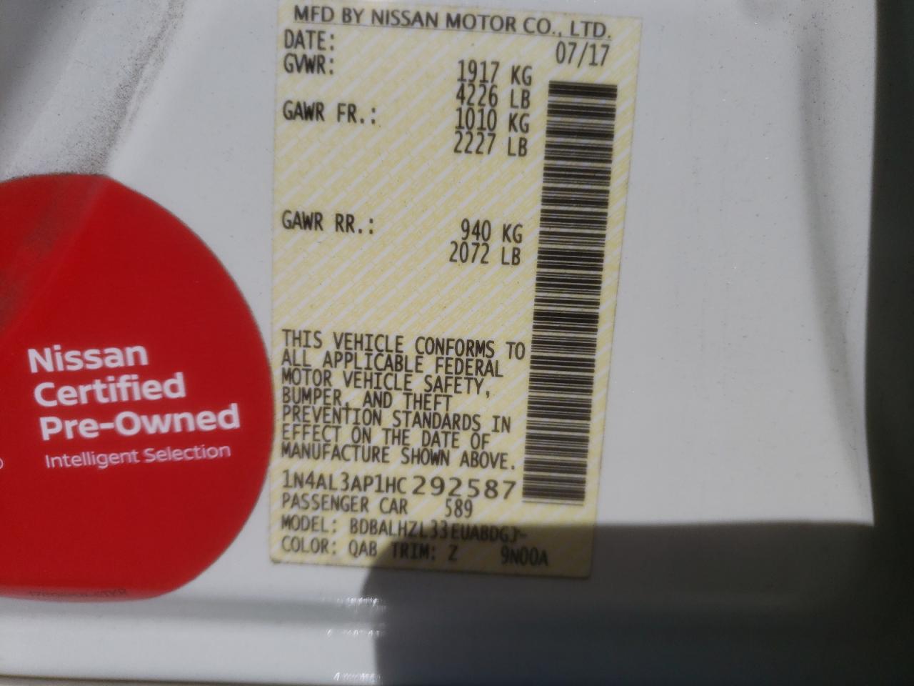 Photo 10 from auction – 2017 NISSAN ALTIMA 2.5 with VIN 1N4AL3AP1HC292587