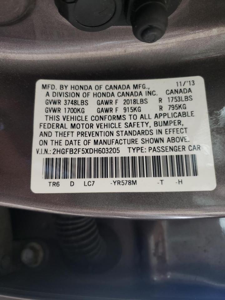 Photo 10 from auction – 2013 HONDA CIVIC LX with VIN 2HGFB2F5XDH603205