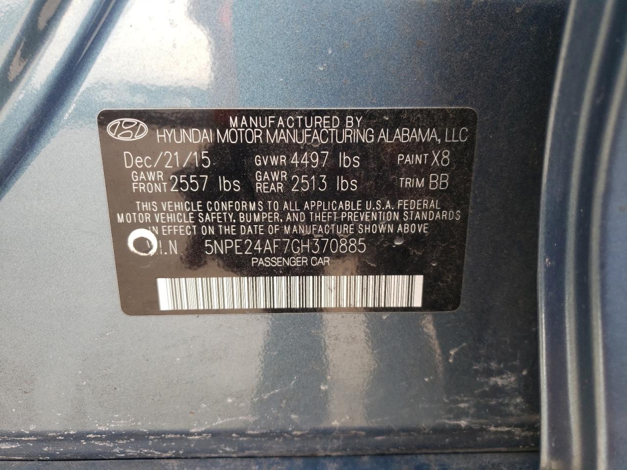 Photo 10 from auction – 2016 HYUNDAI SONATA SE with VIN 5NPE24AF7GH370885