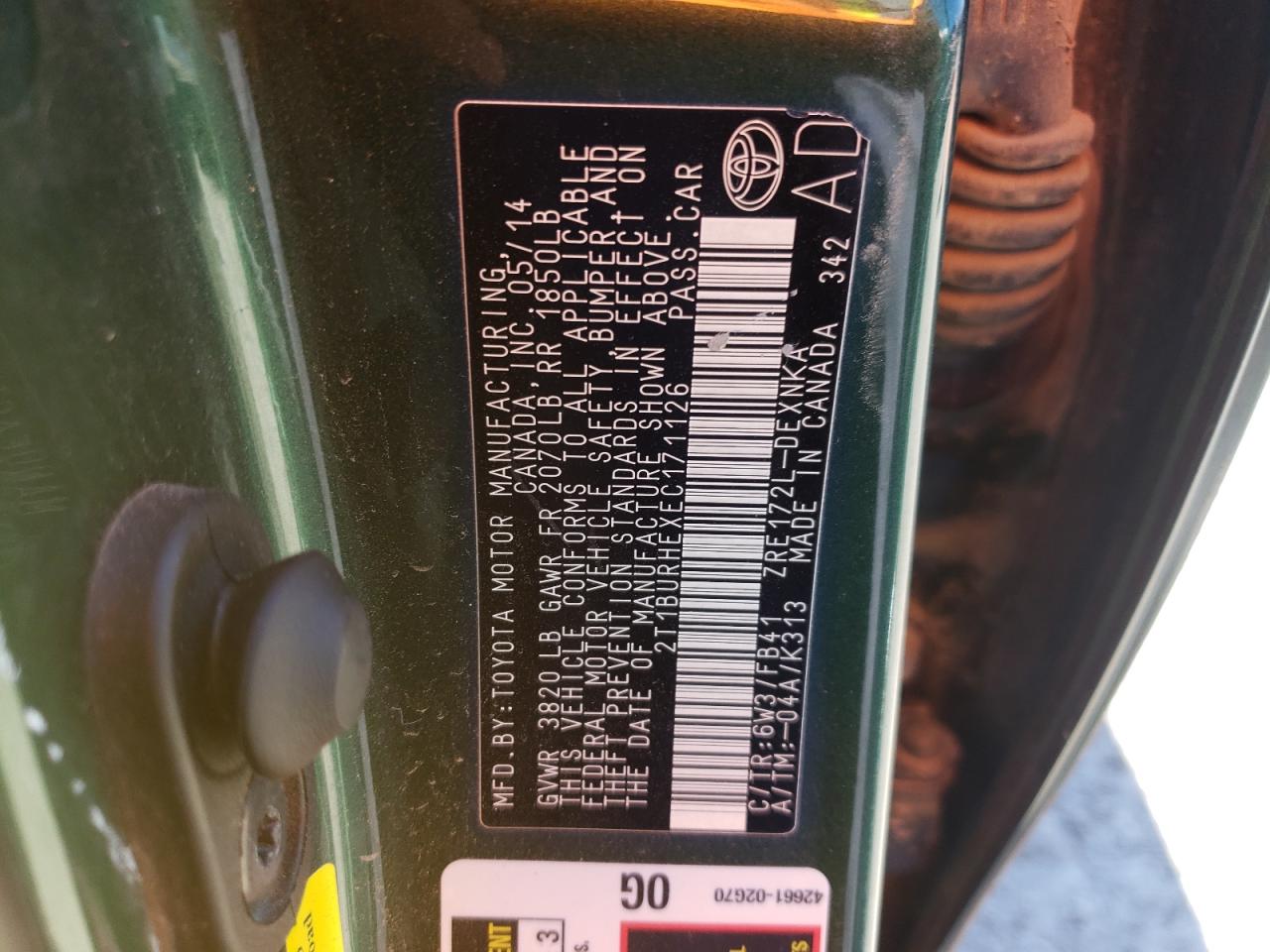 Photo 10 from auction – 2014 TOYOTA COROLLA L with VIN 2T1BURHEXEC171126