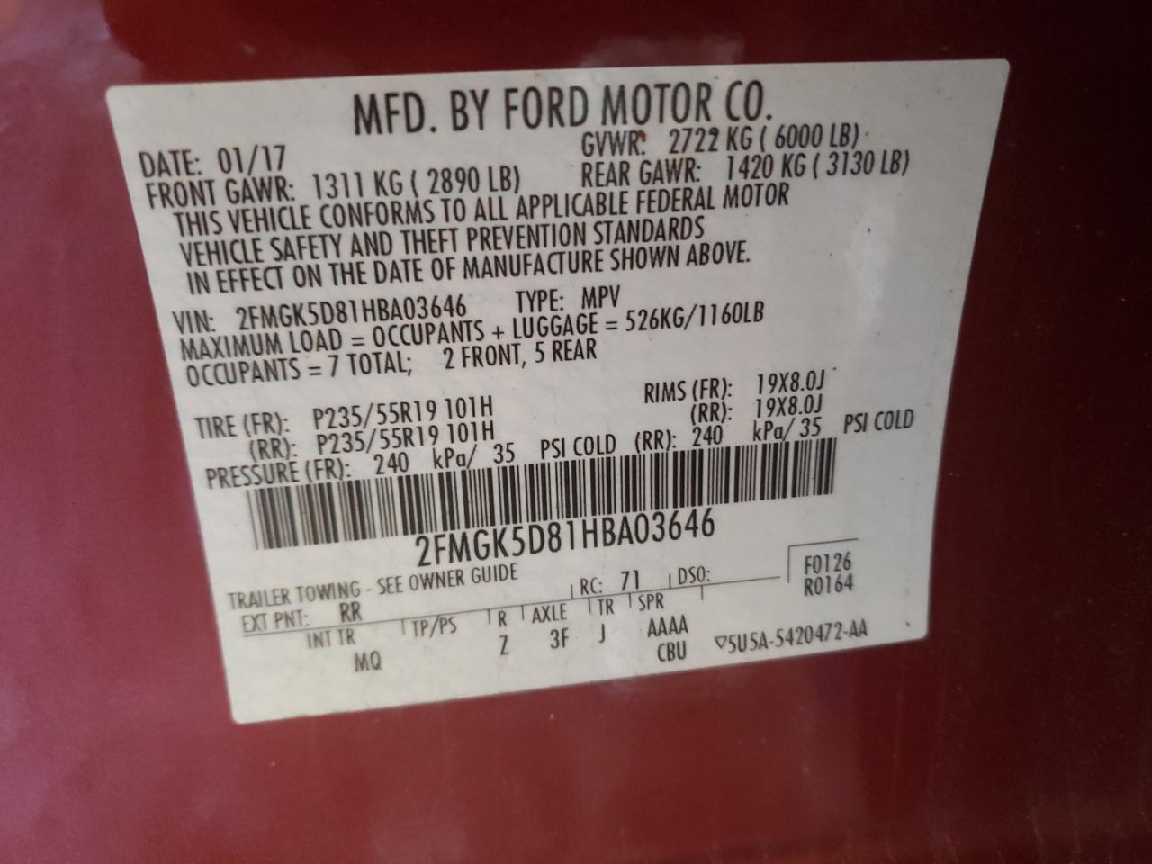 Photo 10 from auction – 2017 FORD FLEX LIMIT with VIN 2FMGK5D81HBA03646