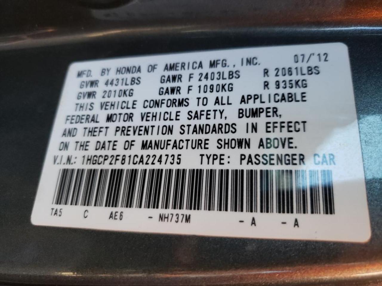 Photo 10 from auction – 2012 HONDA ACCORD EXL with VIN 1HGCP2F81CA224735