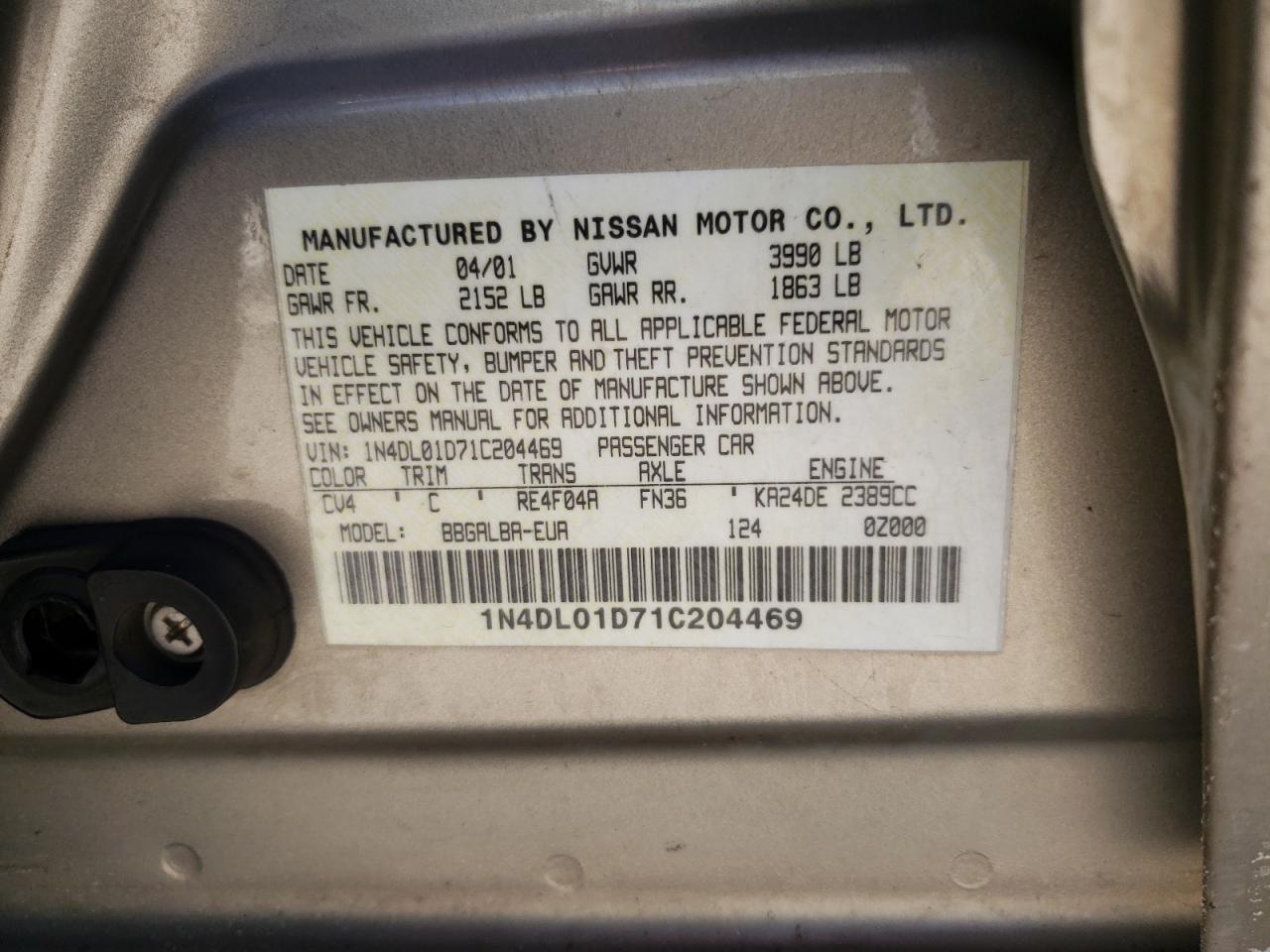 Photo 10 from auction – 2001 NISSAN ALTIMA XE with VIN 1N4DL01D71C204469