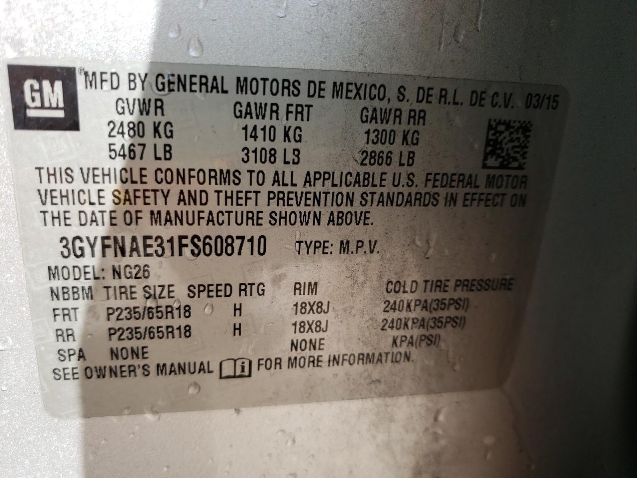 Photo 10 from auction – 2015 CADILLAC SRX with VIN 3GYFNAE31FS608710