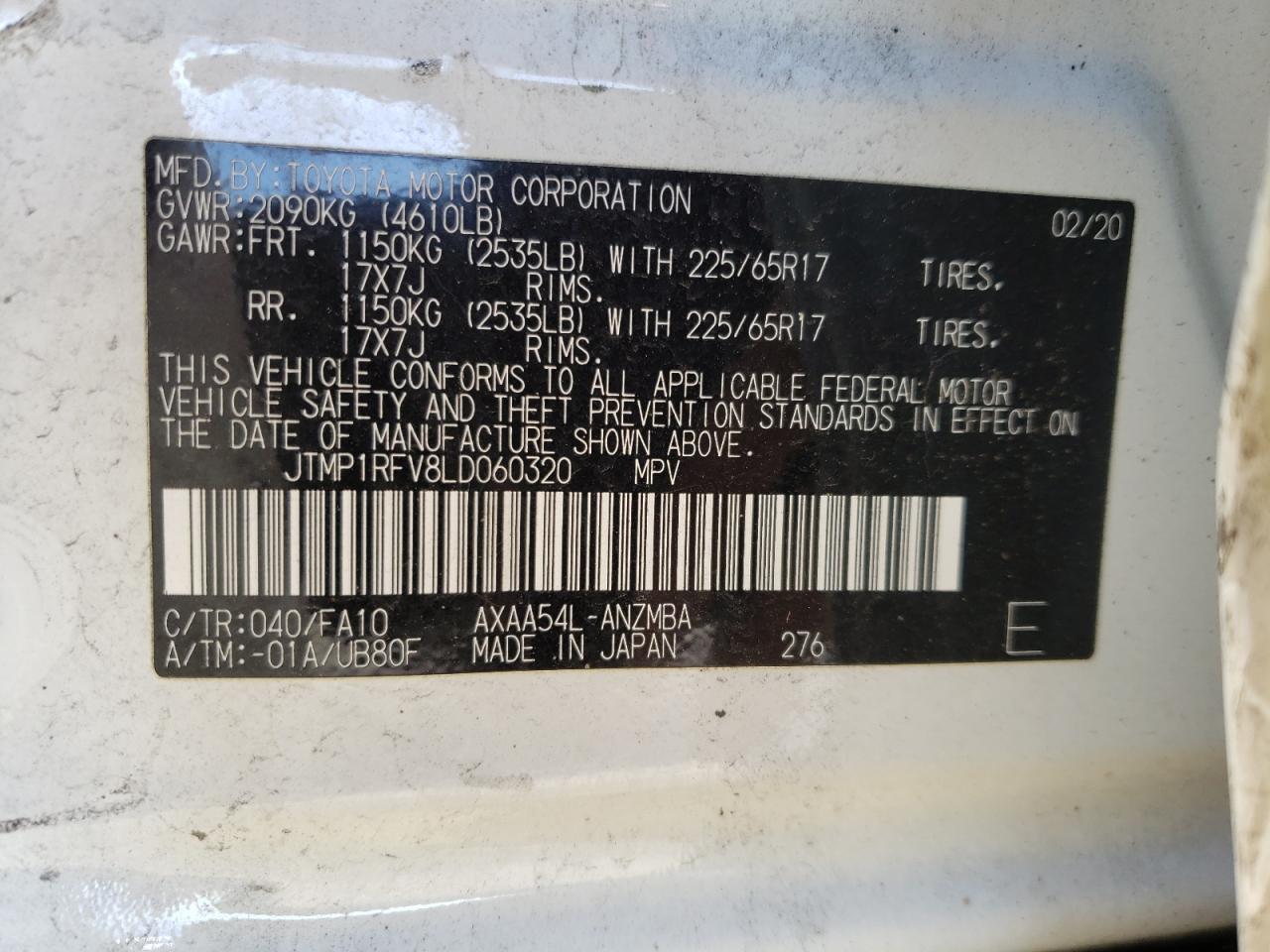 Photo 10 from auction – 2020 TOYOTA RAV4 XLE with VIN JTMP1RFV8LD060320