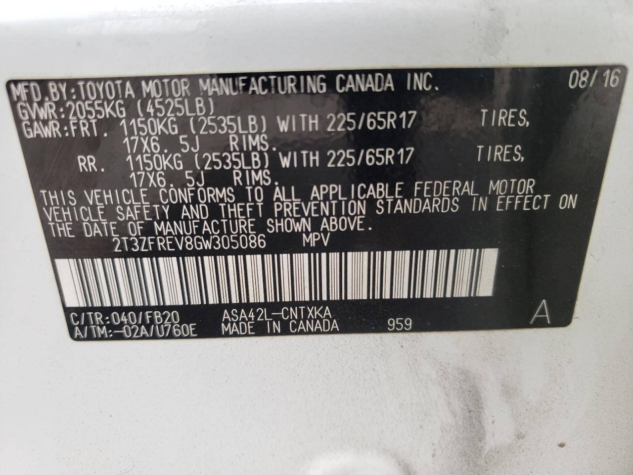 Photo 10 from auction – 2016 TOYOTA RAV4 LE with VIN 2T3ZFREV8GW305086