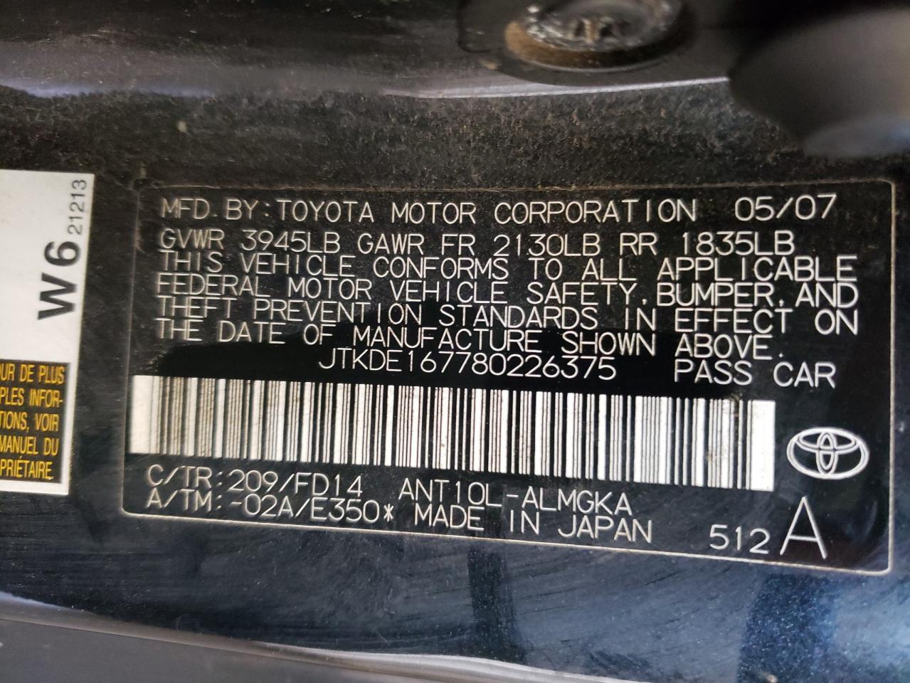 Photo 10 from auction – 2008 TOYOTA SCION TC with VIN JTKDE167780226375