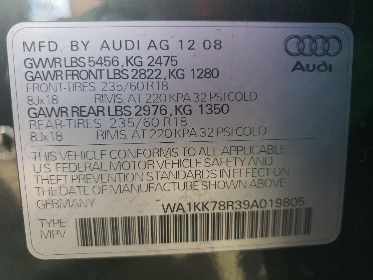 Photo 10 from auction – 2009 AUDI Q5 3.2 with VIN WA1KK78R39A019805