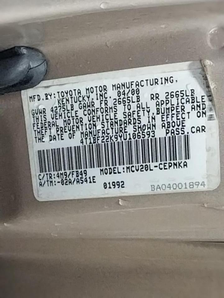 Photo 10 from auction – 2000 TOYOTA CAMRY LE with VIN 4T1BF22K9YU106593