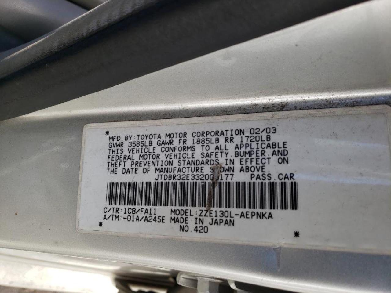 Photo 10 from auction – 2003 TOYOTA COROLLA CE with VIN JTDBR32E332009177