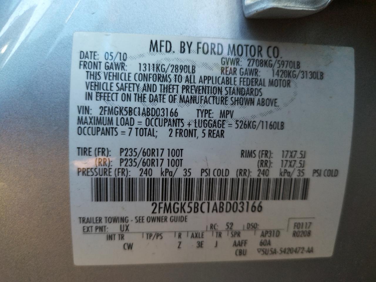 Photo 10 from auction – 2010 FORD FLEX SE with VIN 2FMGK5BC1ABD03166
