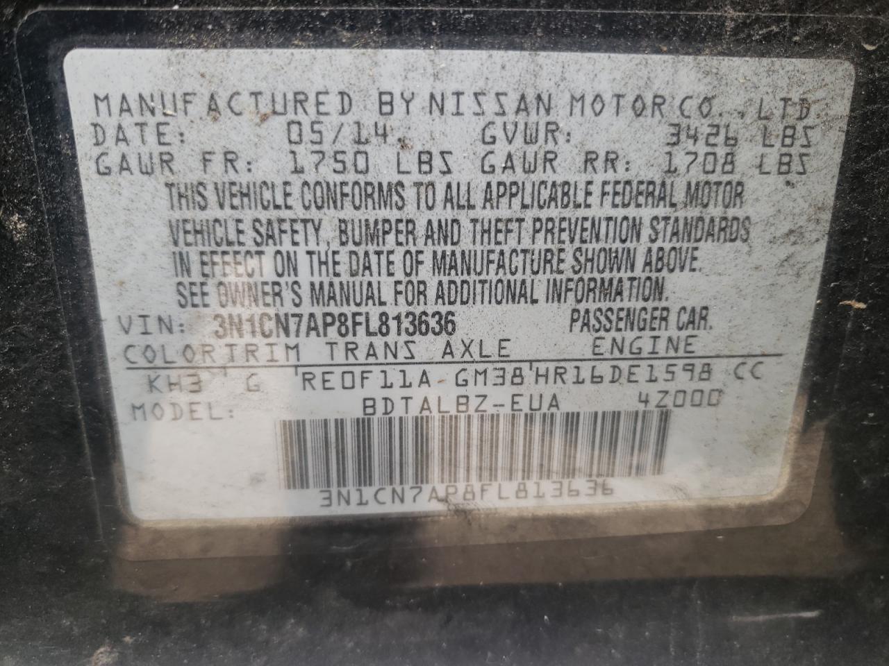 Photo 10 from auction – 2015 NISSAN VERSA S with VIN 3N1CN7AP8FL813636