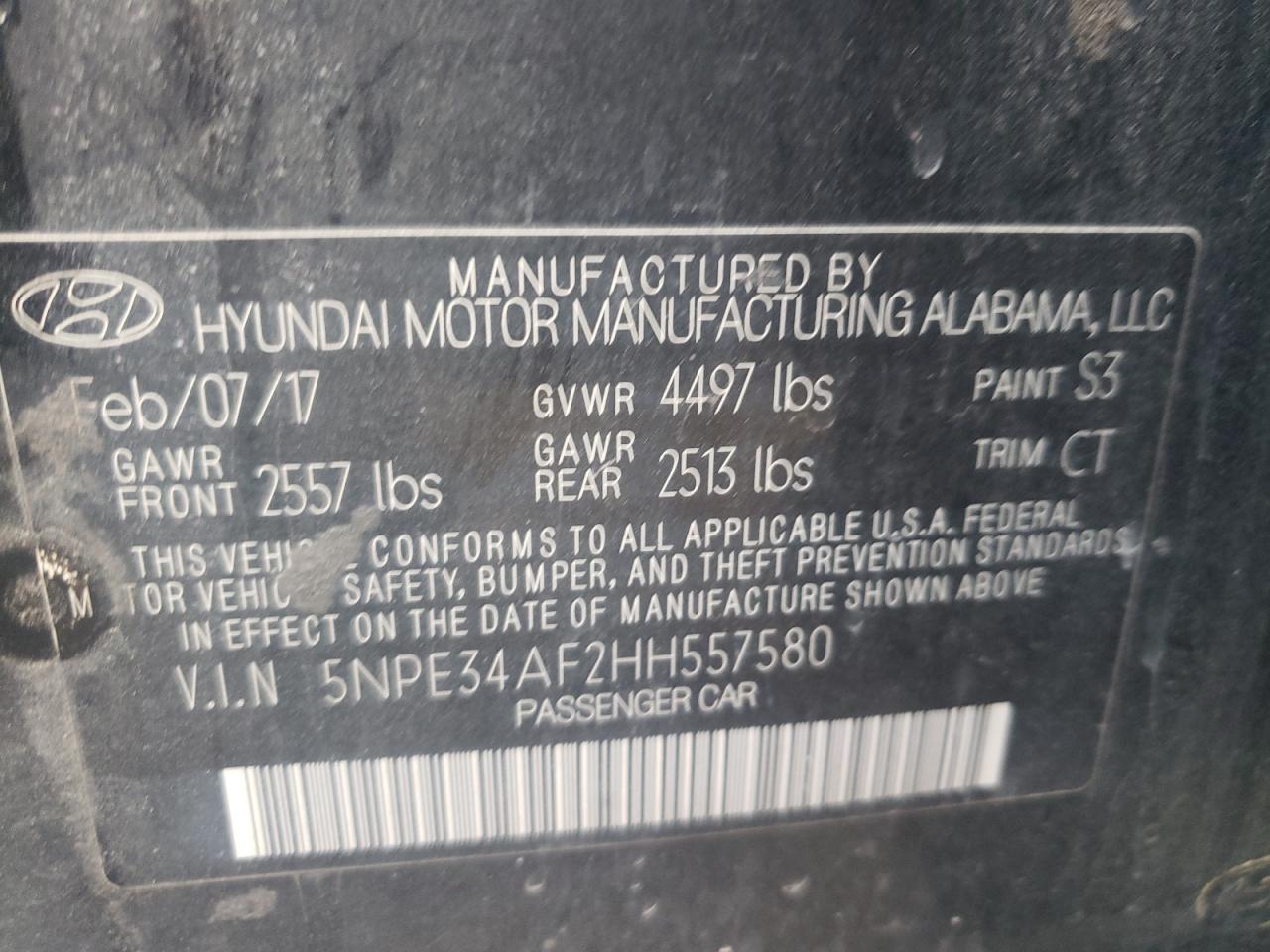 Photo 10 from auction – 2017 HYUNDAI SONATA SPO with VIN 5NPE34AF2HH557580
