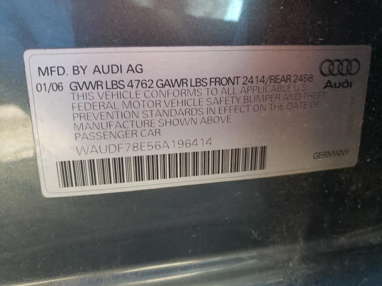 Photo 10 from auction – 2006 AUDI A4 2.0T QU with VIN WAUDF78E56A196414