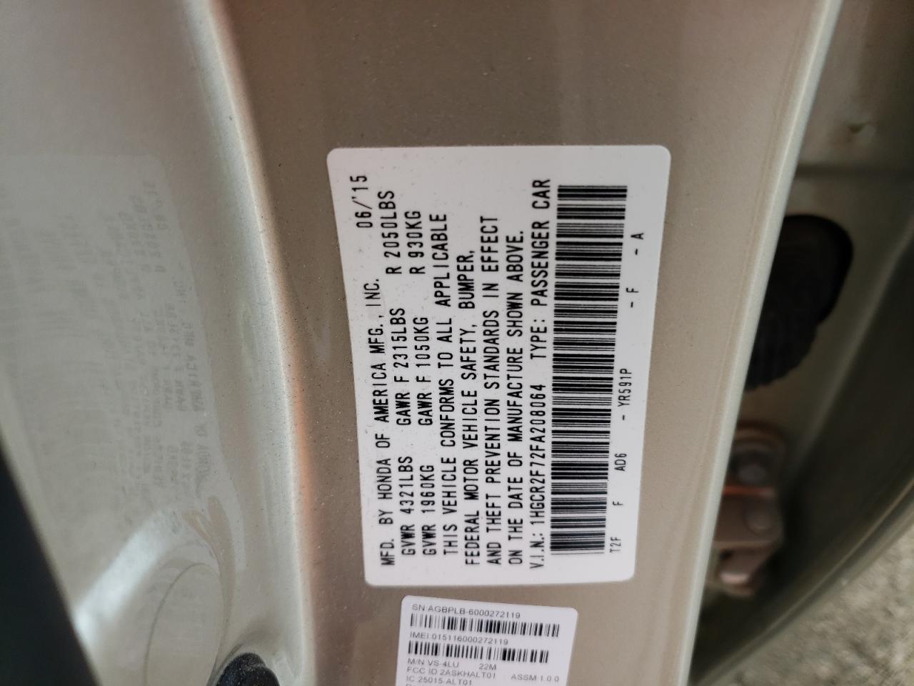 Photo 10 from auction – 2015 HONDA ACCORD EX with VIN 1HGCR2F72FA208064