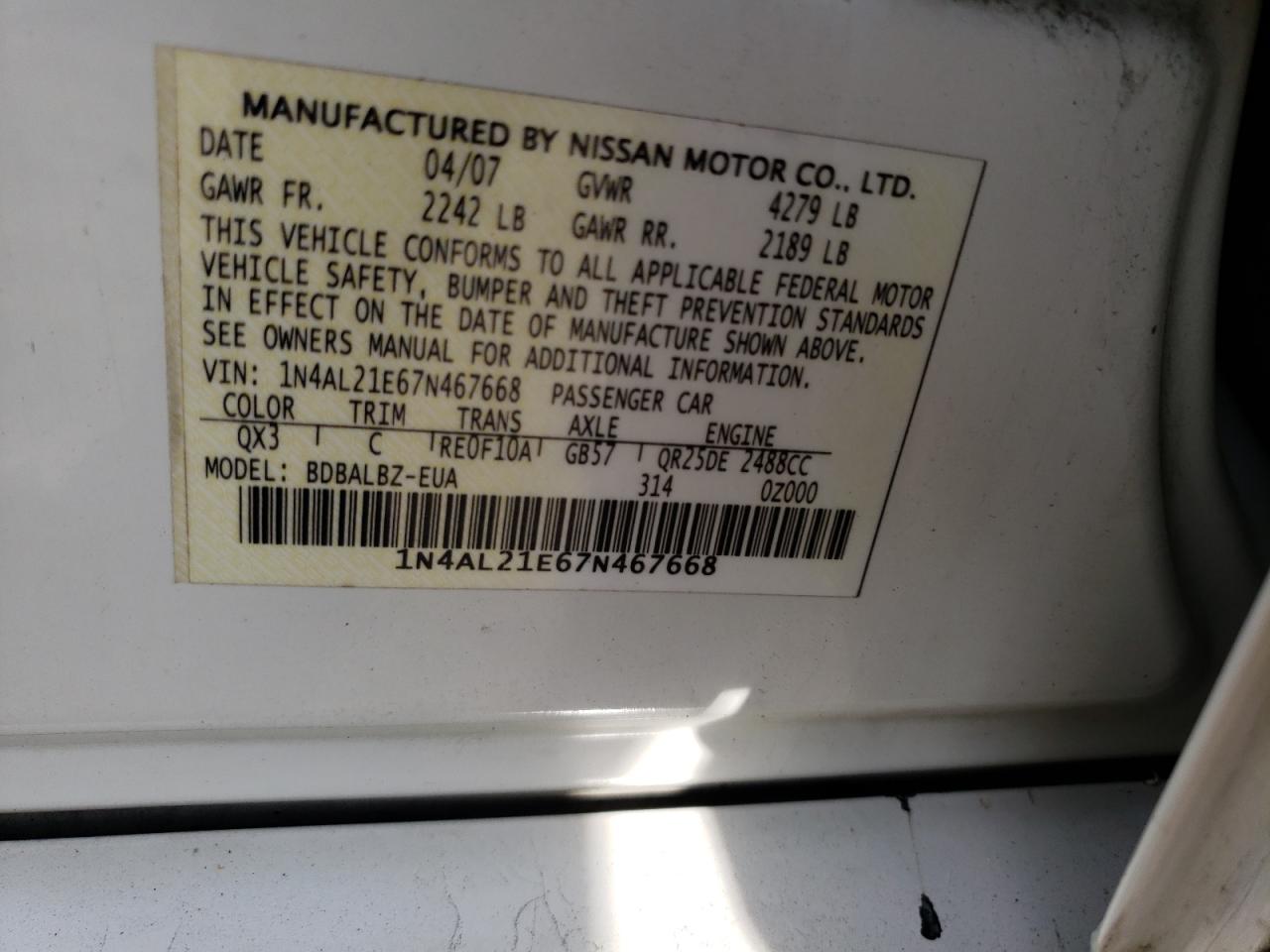 Photo 10 from auction – 2007 NISSAN ALTIMA with VIN 1N4AL21E67N467668