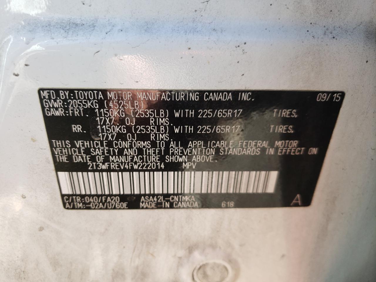 Photo 10 from auction – 2015 TOYOTA RAV4 XLE with VIN 2T3WFREV4FW222014