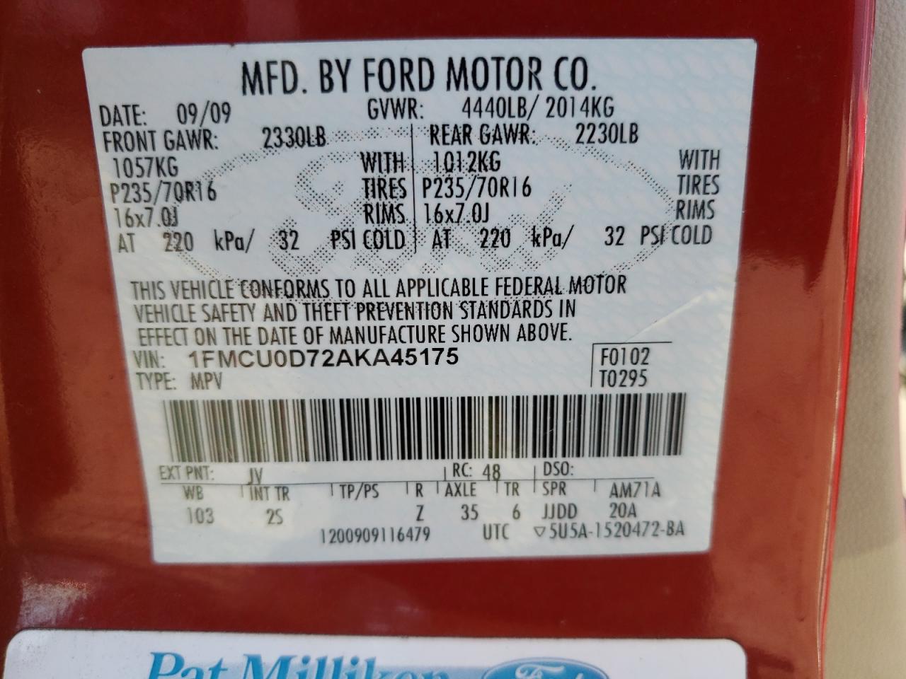 Photo 10 from auction – 2010 FORD ESCAPE XLT with VIN 1FMCU0D72AKA45175