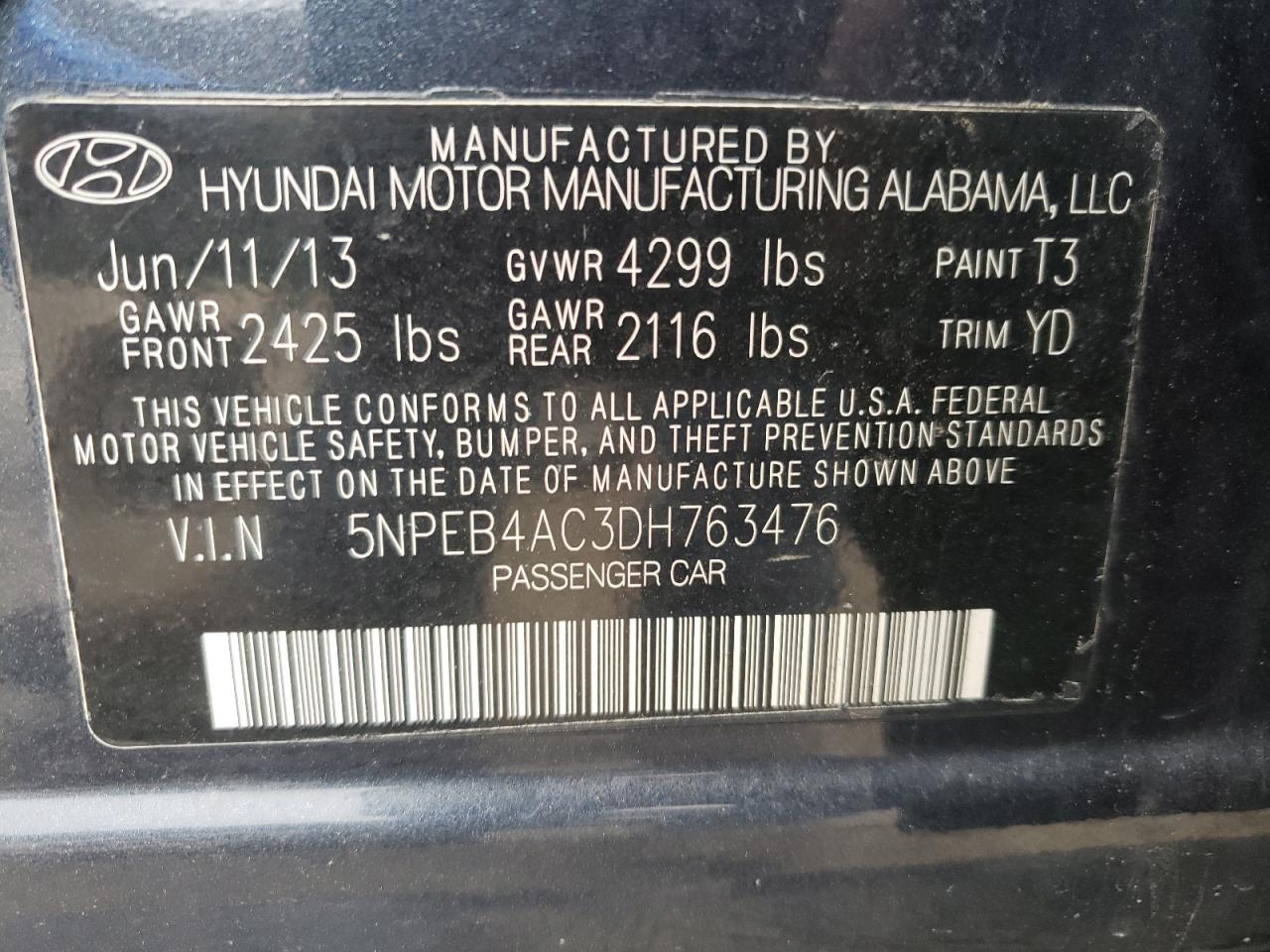 Photo 10 from auction – 2013 HYUNDAI SONATA GLS with VIN 5NPEB4AC3DH763476