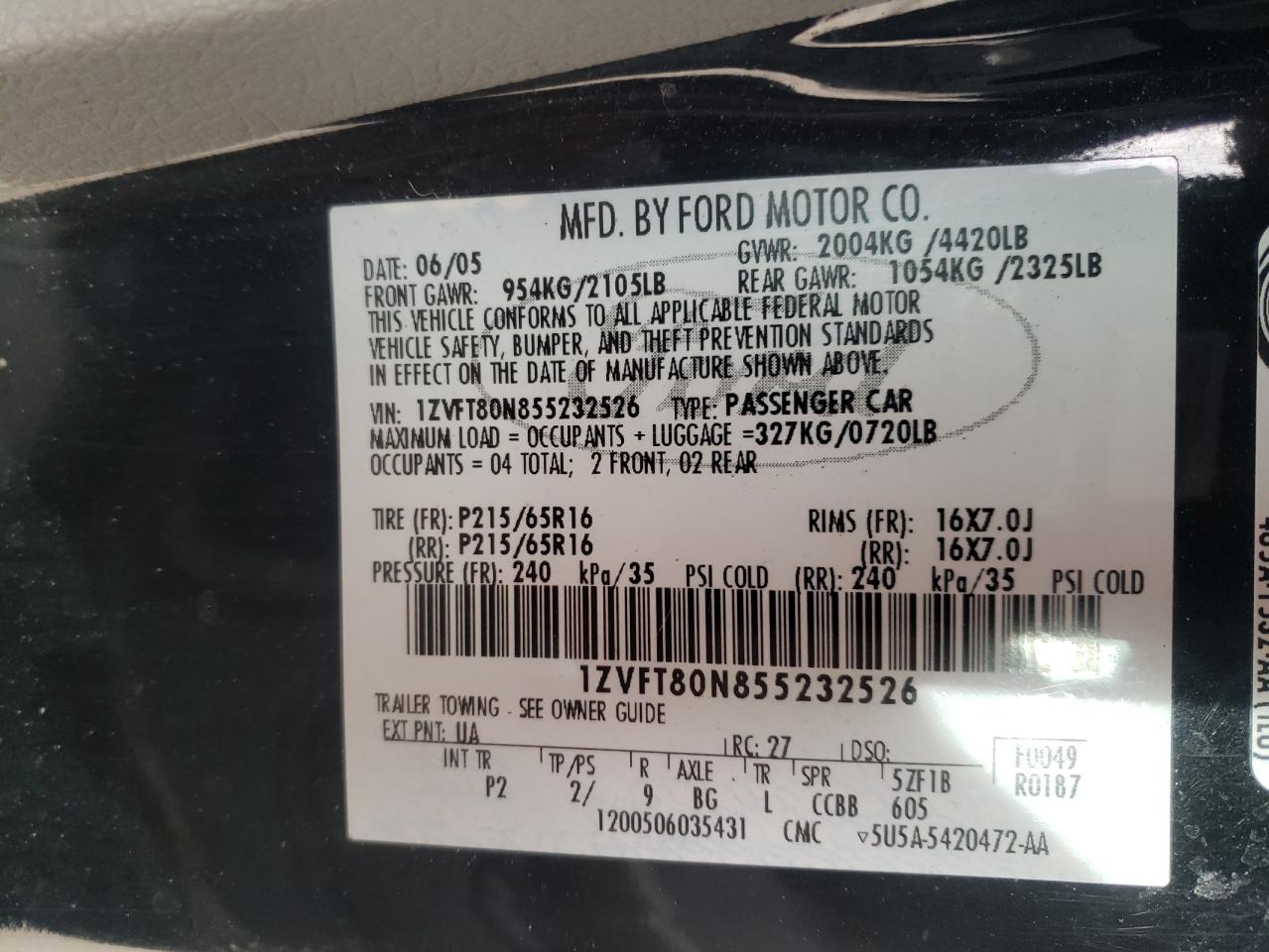 Photo 10 from auction – 2005 FORD MUSTANG with VIN 1ZVFT80N855232526