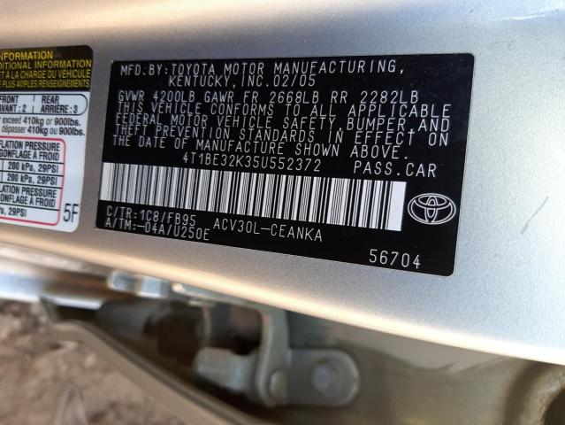 Photo 10 from auction – 2005 TOYOTA CAMRY LE with VIN 4T1BE32K35U552372