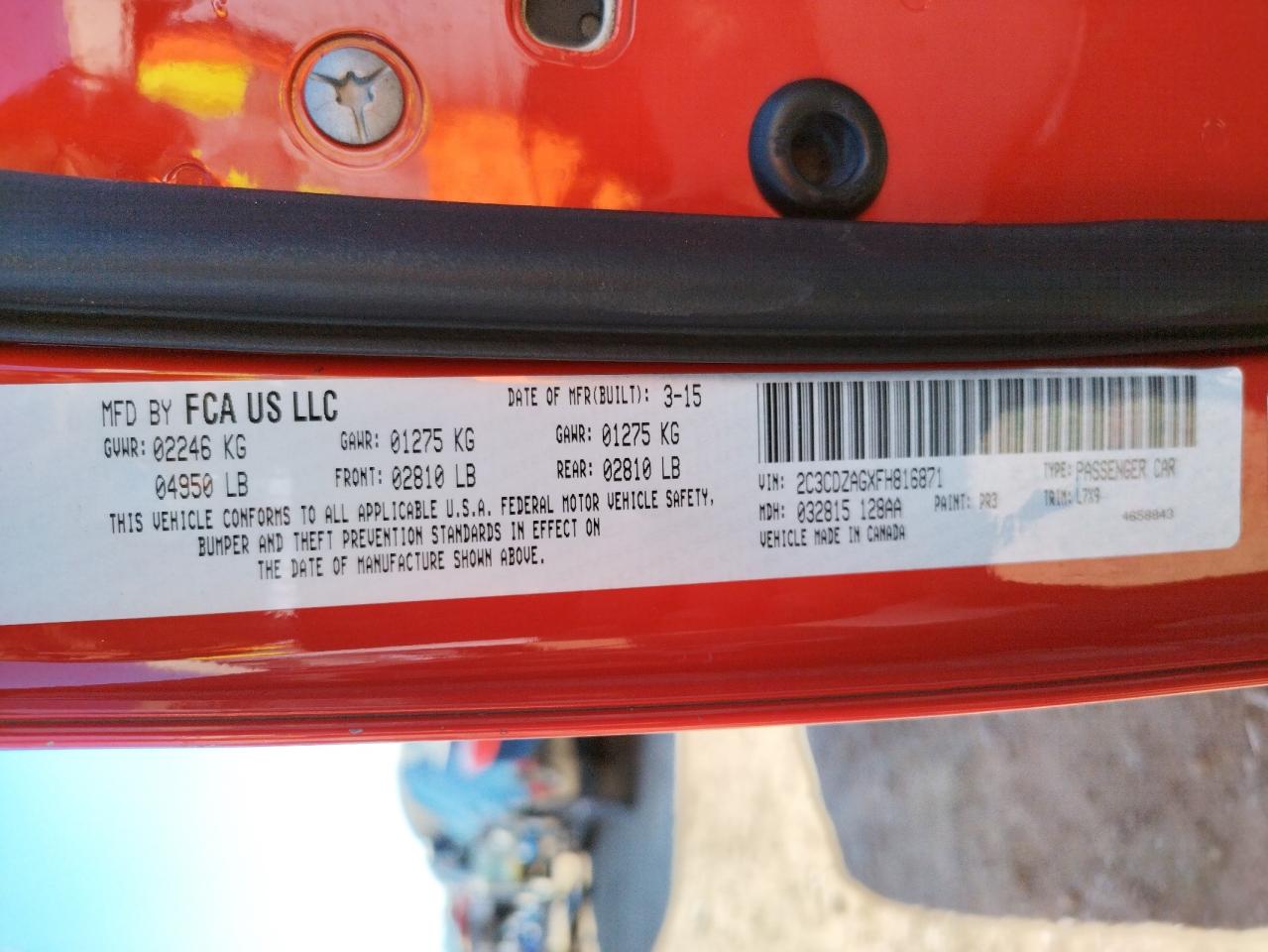 Photo 10 from auction – 2015 DODGE CHALLENGER with VIN 2C3CDZAGXFH816871