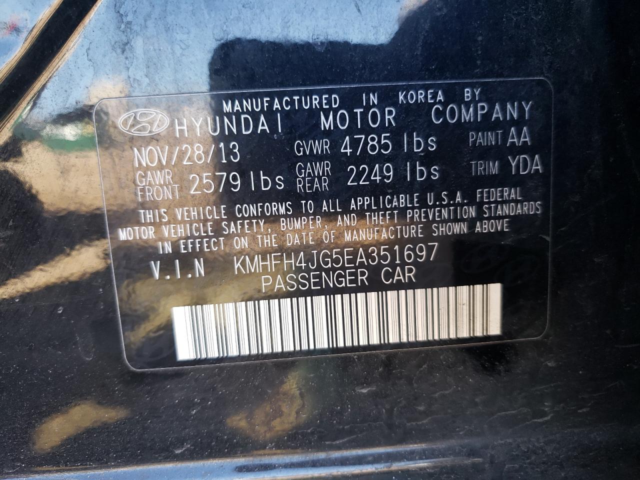 Photo 10 from auction – 2014 HYUNDAI AZERA GLS with VIN KMHFH4JG5EA351697