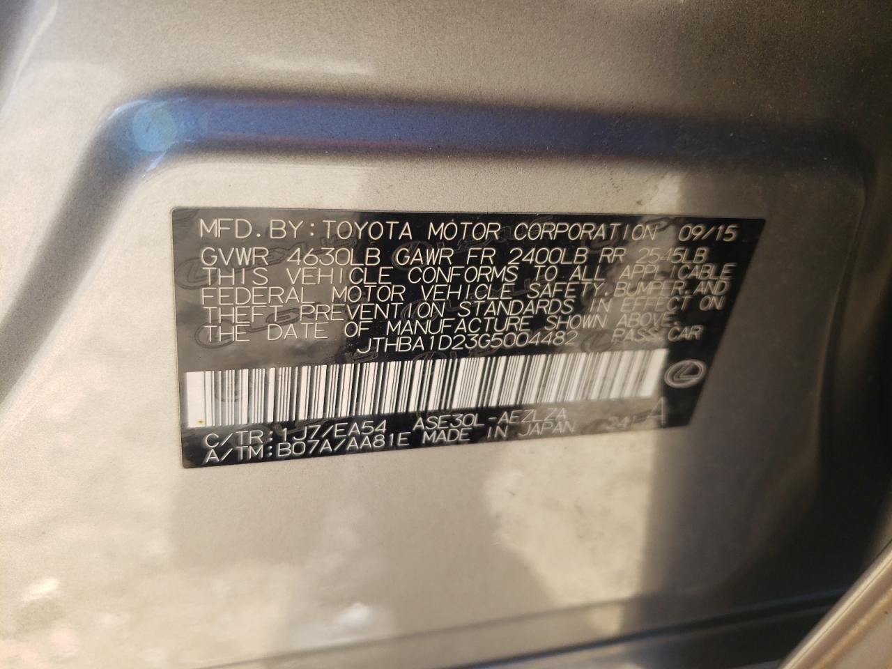 Photo 10 from auction – 2016 LEXUS IS 200T with VIN JTHBA1D23G5004482