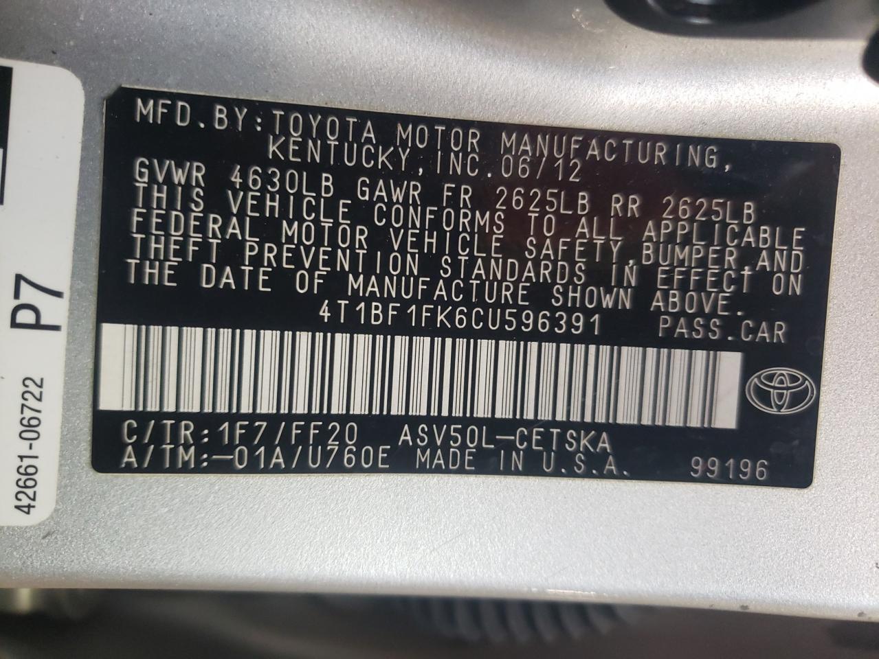 Photo 10 from auction – 2012 TOYOTA CAMRY BASE with VIN 4T1BF1FK6CU596391