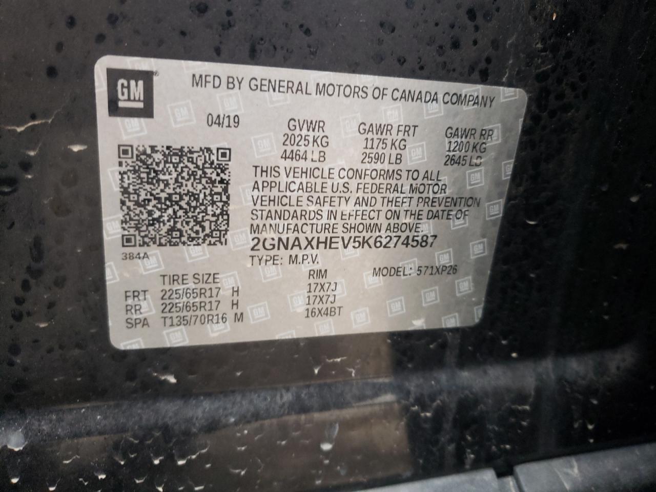 Photo 10 from auction – 2019 CHEVROLET EQUINOX LS with VIN 2GNAXHEV5K6274587