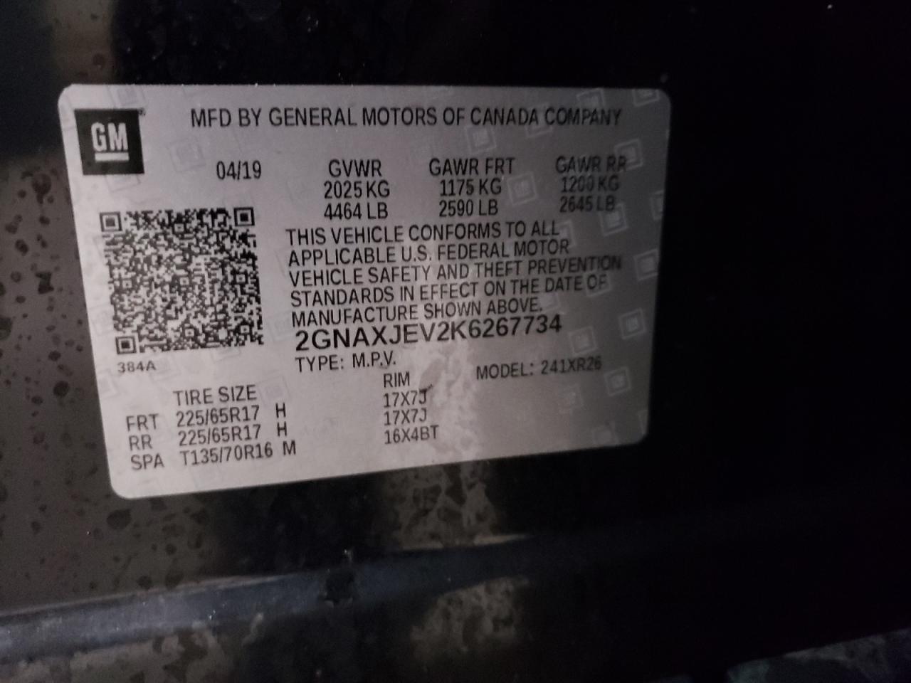 Photo 10 from auction – 2019 CHEVROLET EQUINOX LT with VIN 2GNAXJEV2K6267734