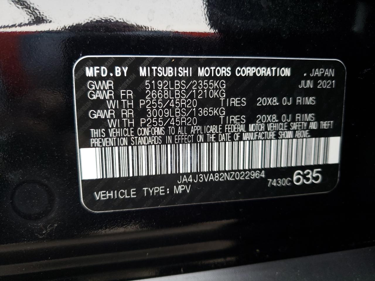 Photo 10 from auction – 2022 MITSUBISHI OUTLANDER with VIN JA4J3VA82NZ022964