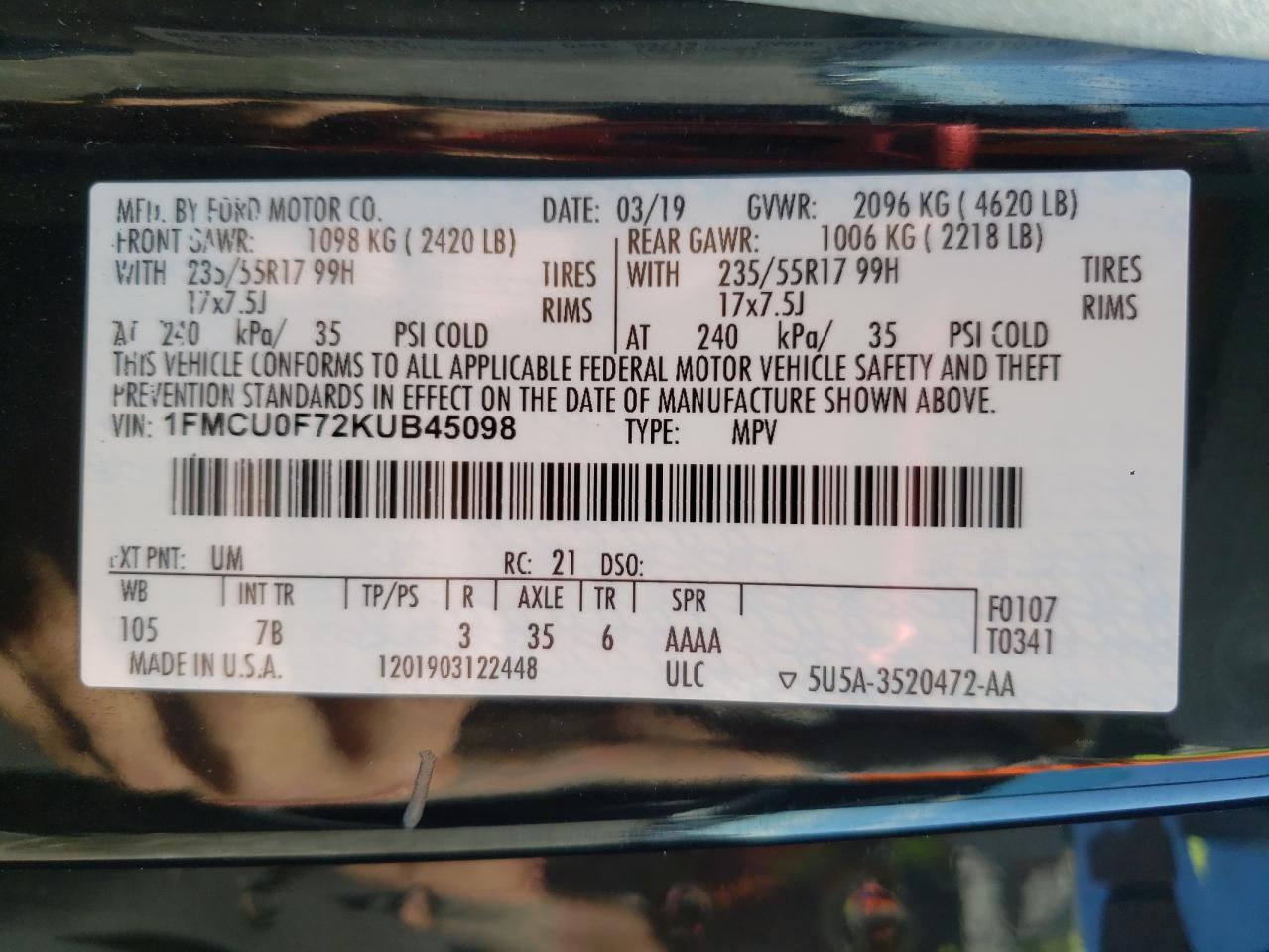 Photo 10 from auction – 2019 FORD ESCAPE S with VIN 1FMCU0F72KUB45098