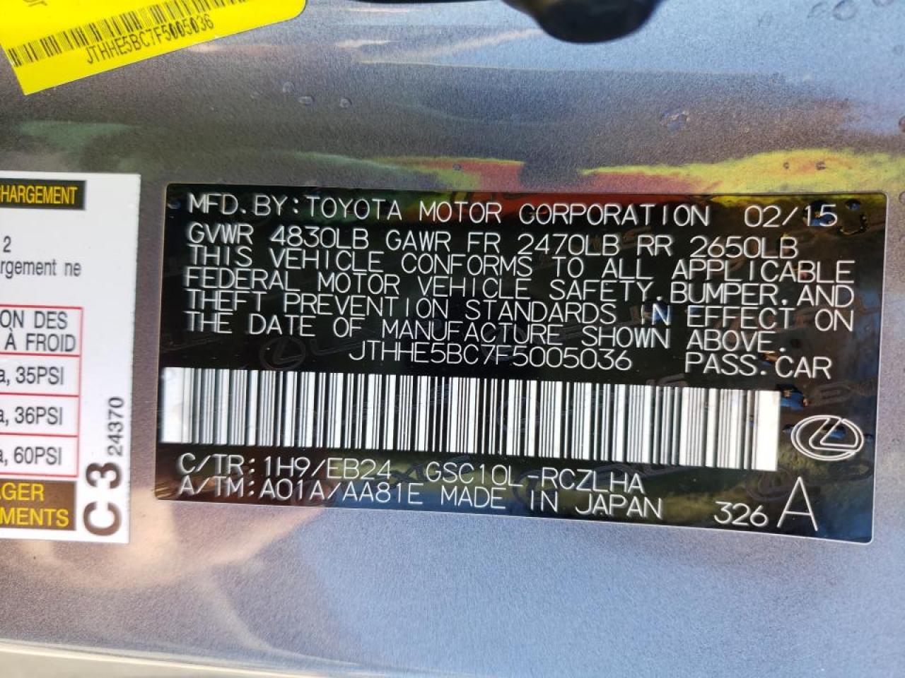 Photo 10 from auction – 2015 LEXUS RC 350 with VIN JTHHE5BC7F5005036