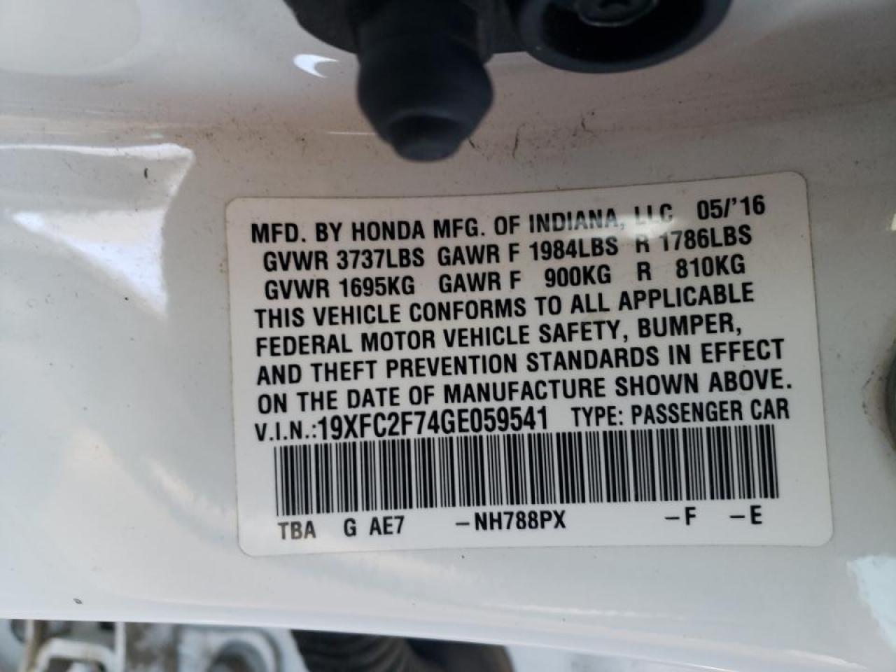 Photo 10 from auction – 2016 HONDA CIVIC EX with VIN 19XFC2F74GE059541