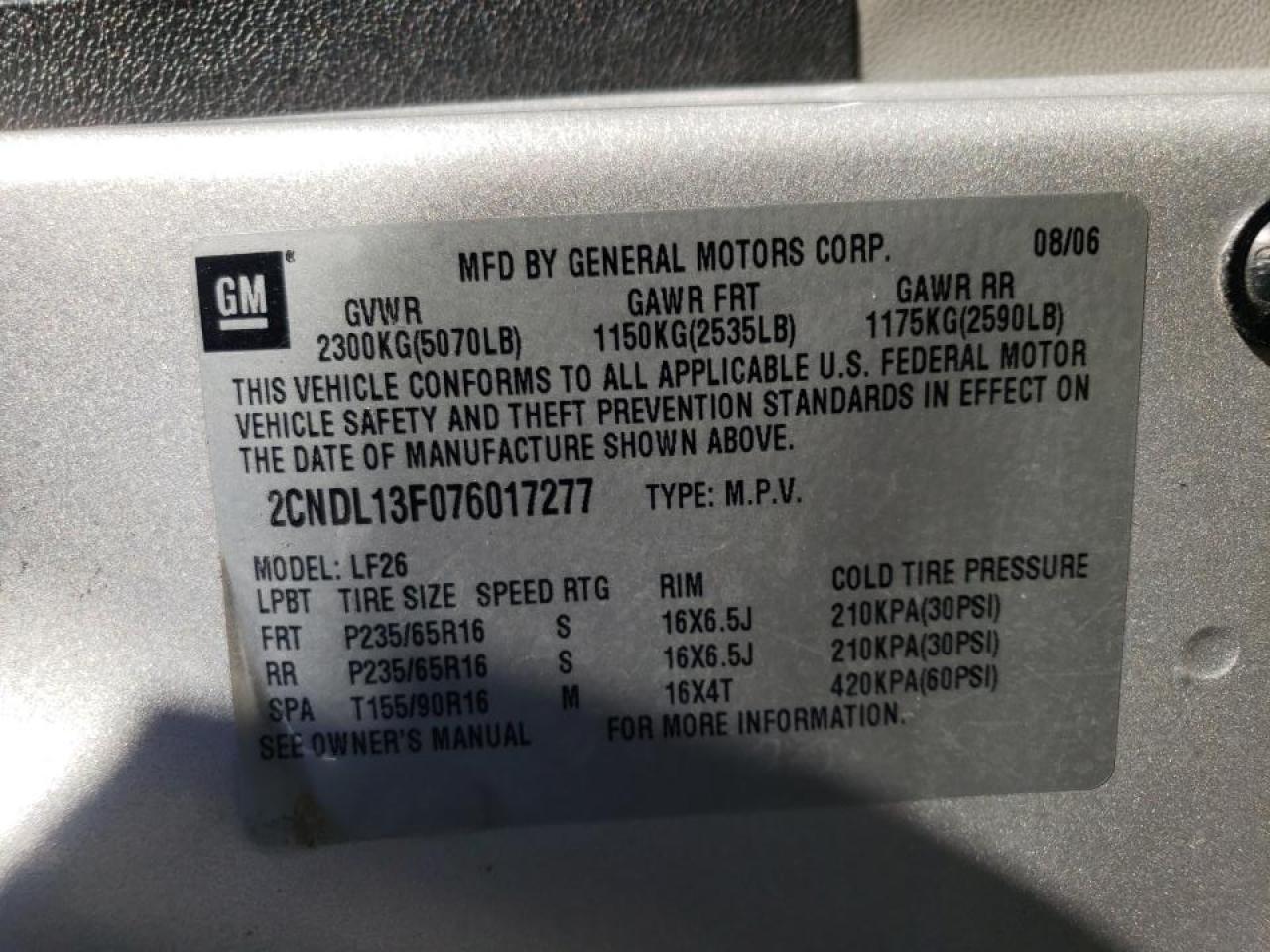 Photo 10 from auction – 2007 CHEVROLET EQUINOX LS with VIN 2CNDL13F076017277