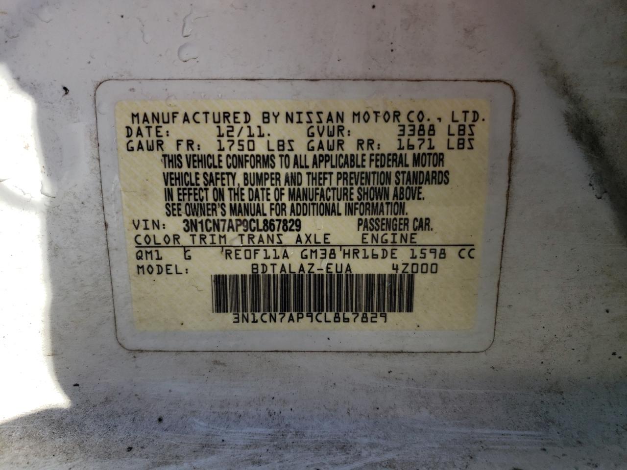 Photo 10 from auction – 2012 NISSAN VERSA S with VIN 3N1CN7AP9CL867829