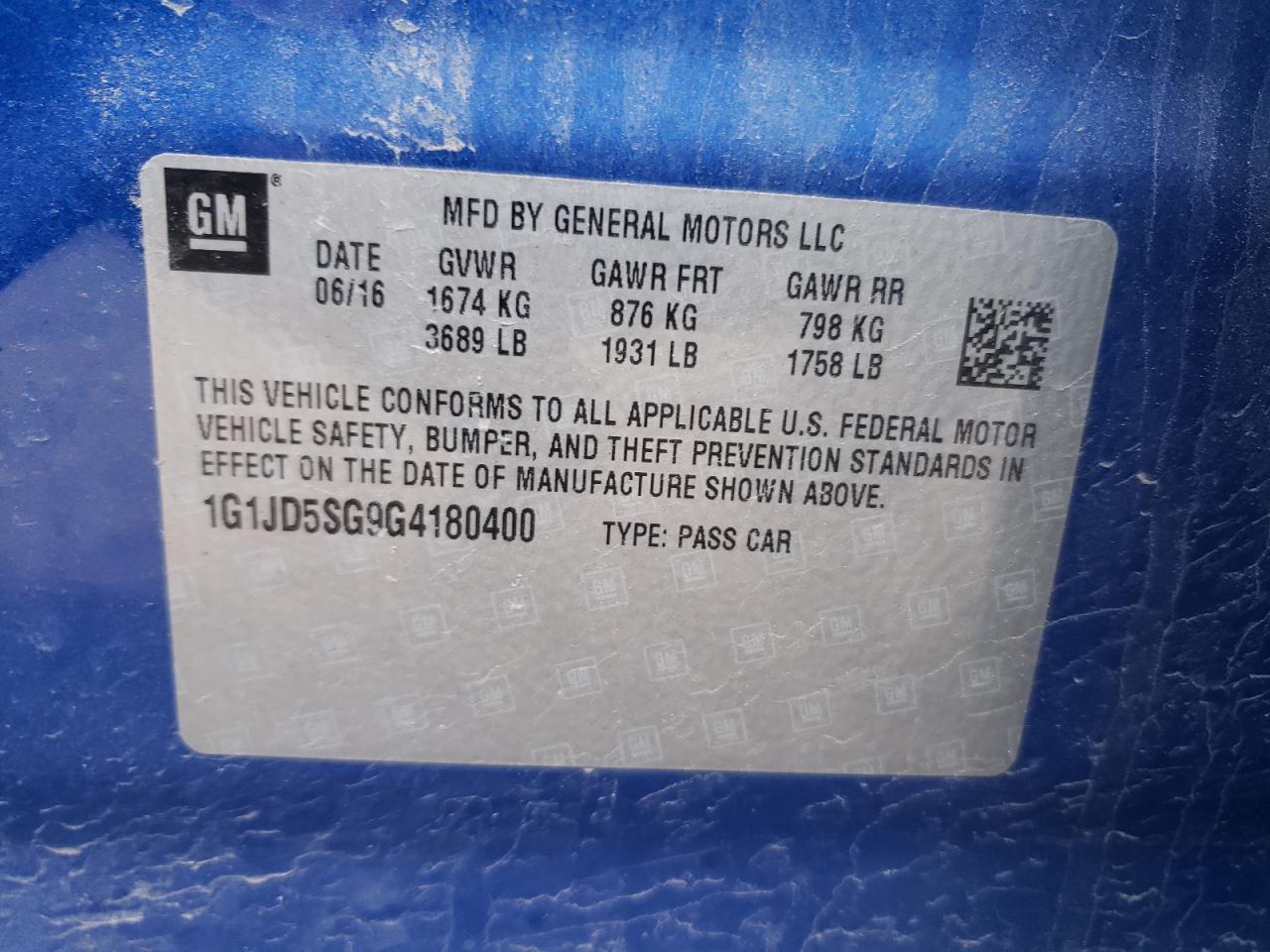 Photo 10 from auction – 2016 CHEVROLET SONIC LT with VIN 1G1JD5SG9G4180400