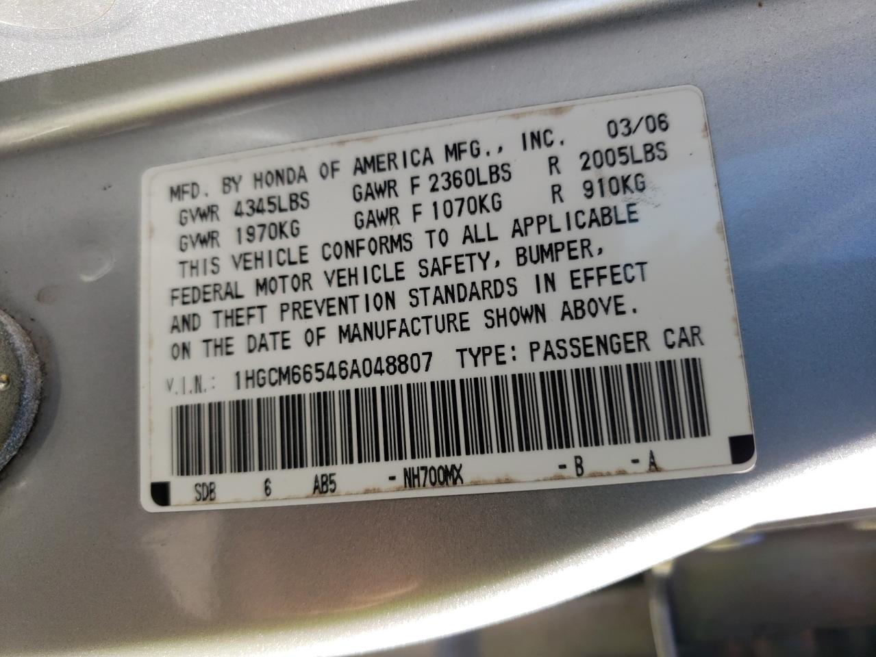 Photo 10 from auction – 2006 HONDA ACCORD with VIN 1HGCM66546A048807