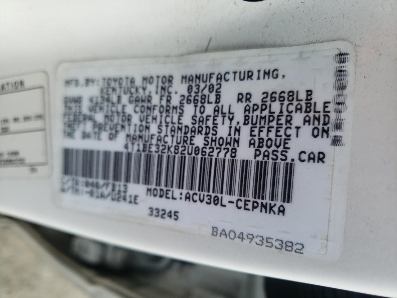 Photo 10 from auction – 2002 TOYOTA CAMRY LE with VIN 4T1BE32K82U062778