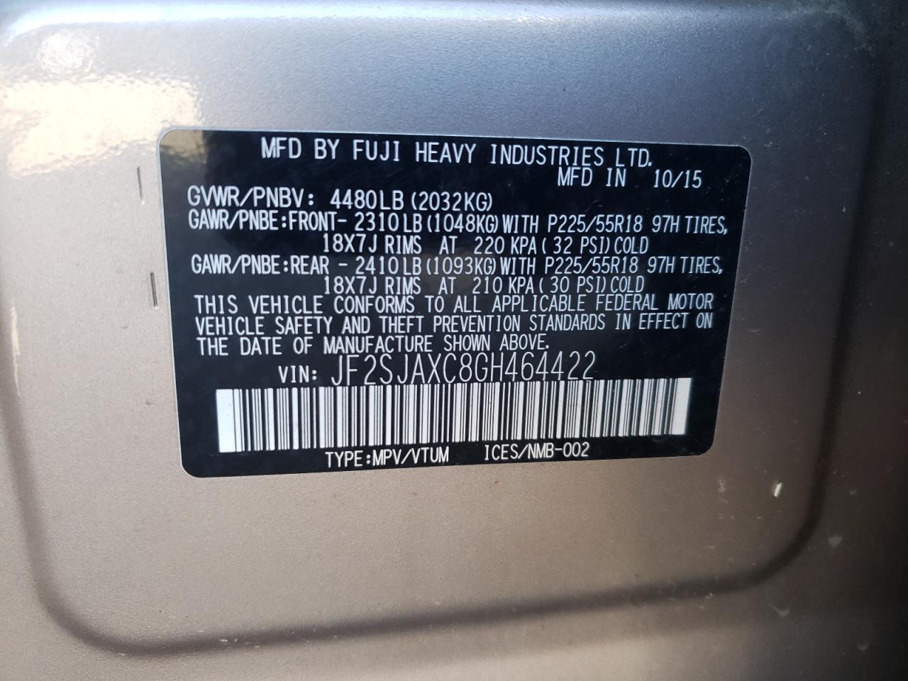 Photo 10 from auction – 2016 SUBARU FORESTER 2 with VIN JF2SJAXC8GH464422