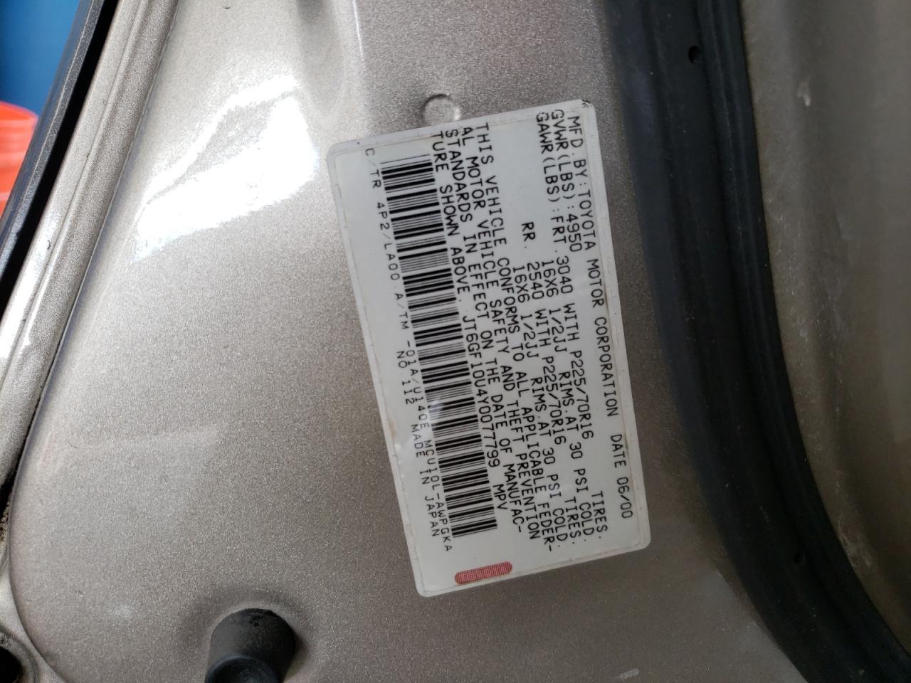 Photo 10 from auction – 2000 LEXUS RX 300 with VIN JT6GF10U4Y0077799