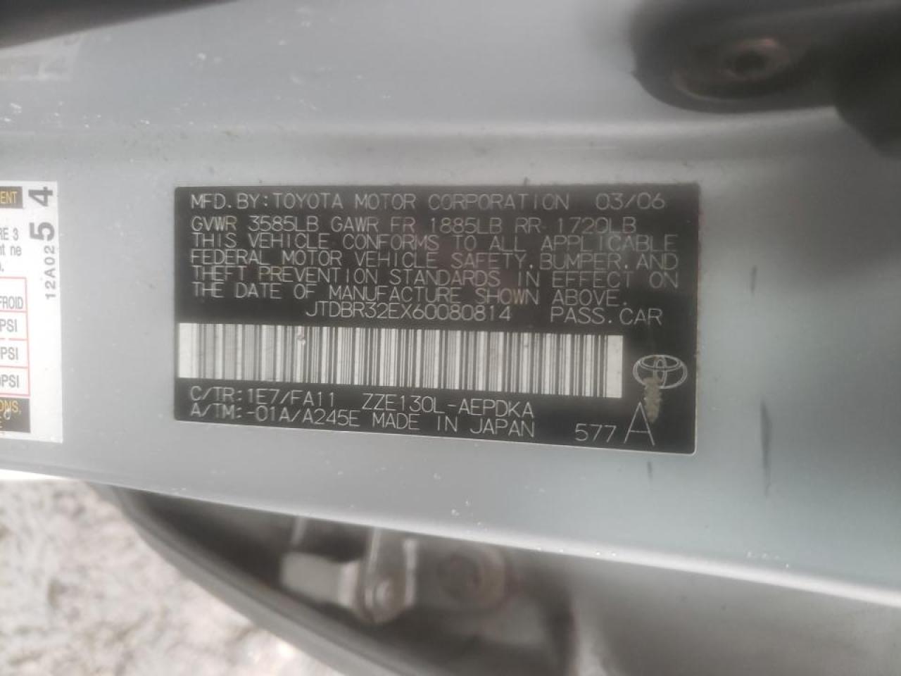 Photo 10 from auction – 2006 TOYOTA COROLLA CE with VIN JTDBR32EX60080814
