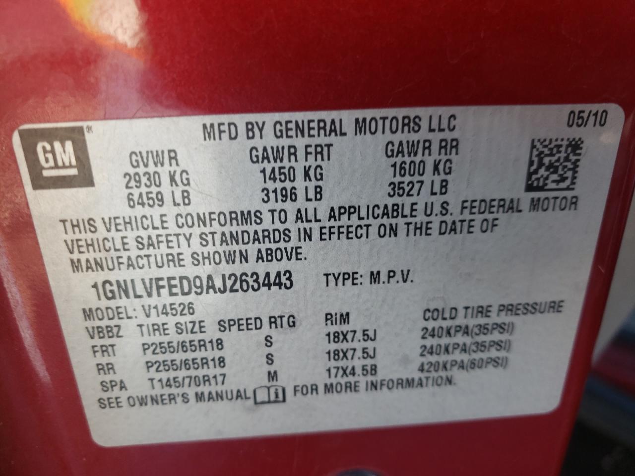 Photo 10 from auction – 2010 CHEVROLET TRAVERSE L with VIN 1GNLVFED9AJ263443
