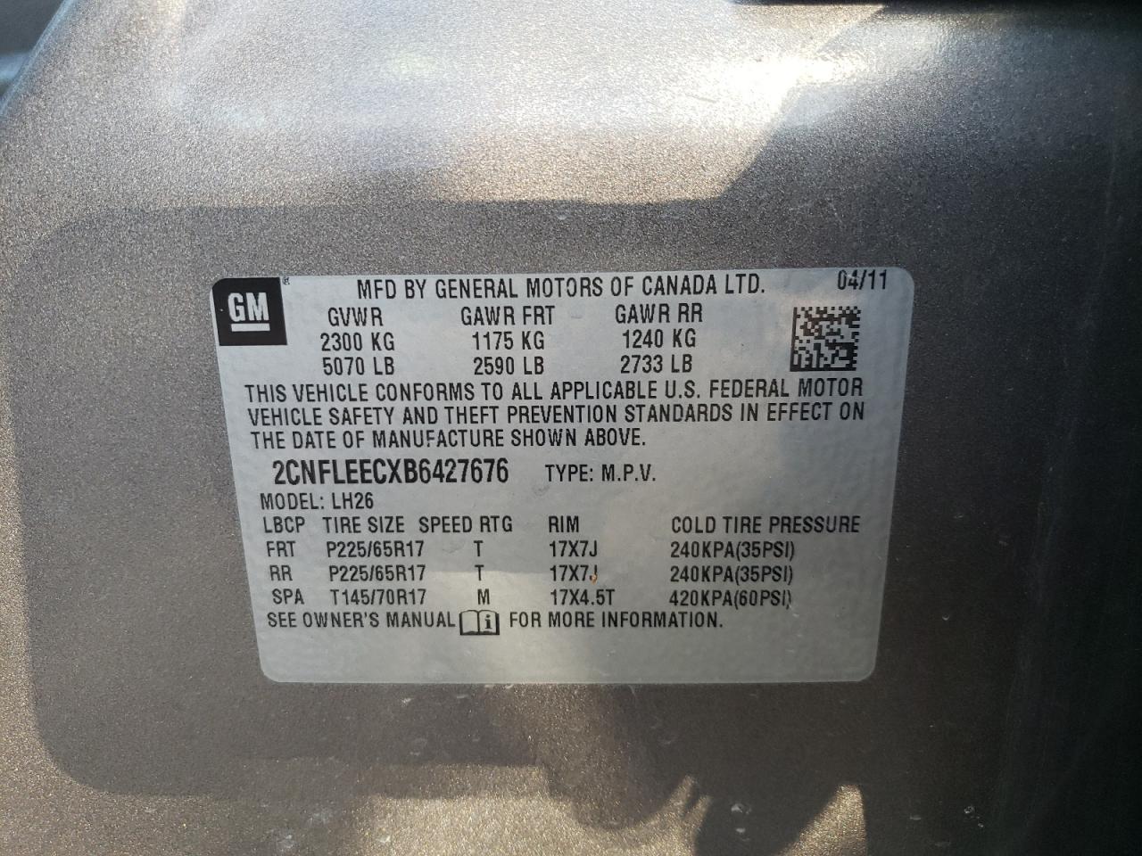 Photo 10 from auction – 2011 CHEVROLET EQUINOX LT with VIN 2CNFLEECXB6427676