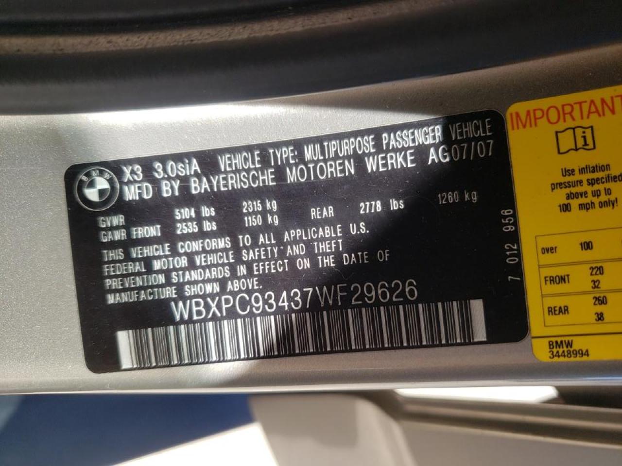 Photo 10 from auction – 2007 BMW X3 3.0SI with VIN WBXPC93437WF29626