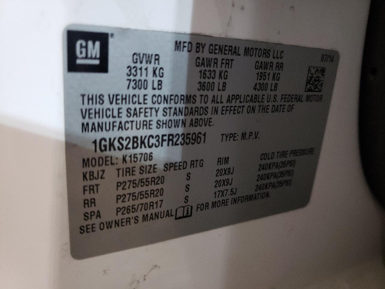 Photo 10 from auction – 2015 GMC YUKON SLT with VIN 1GKS2BKC3FR235961